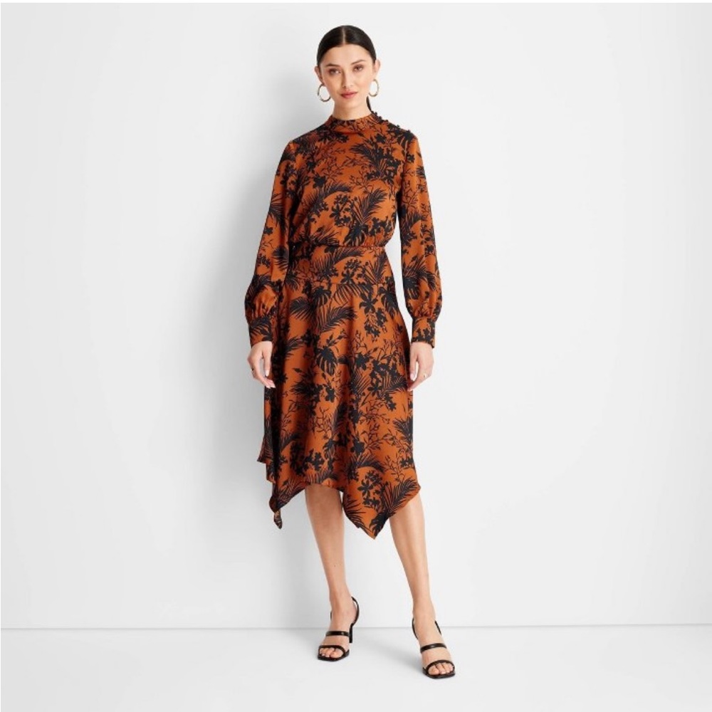 Future Collective™ with Kahlana Barfield Brown Long Sleeve Asymmetrical Dress
